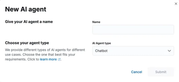 Add New AI Agent Image of the modal form to add new AI Agents.