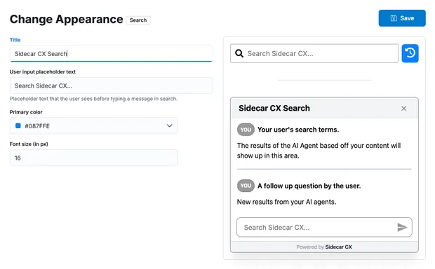 Change AI Agent Search Appearance Image of the form to update the AI Agent search appearance.